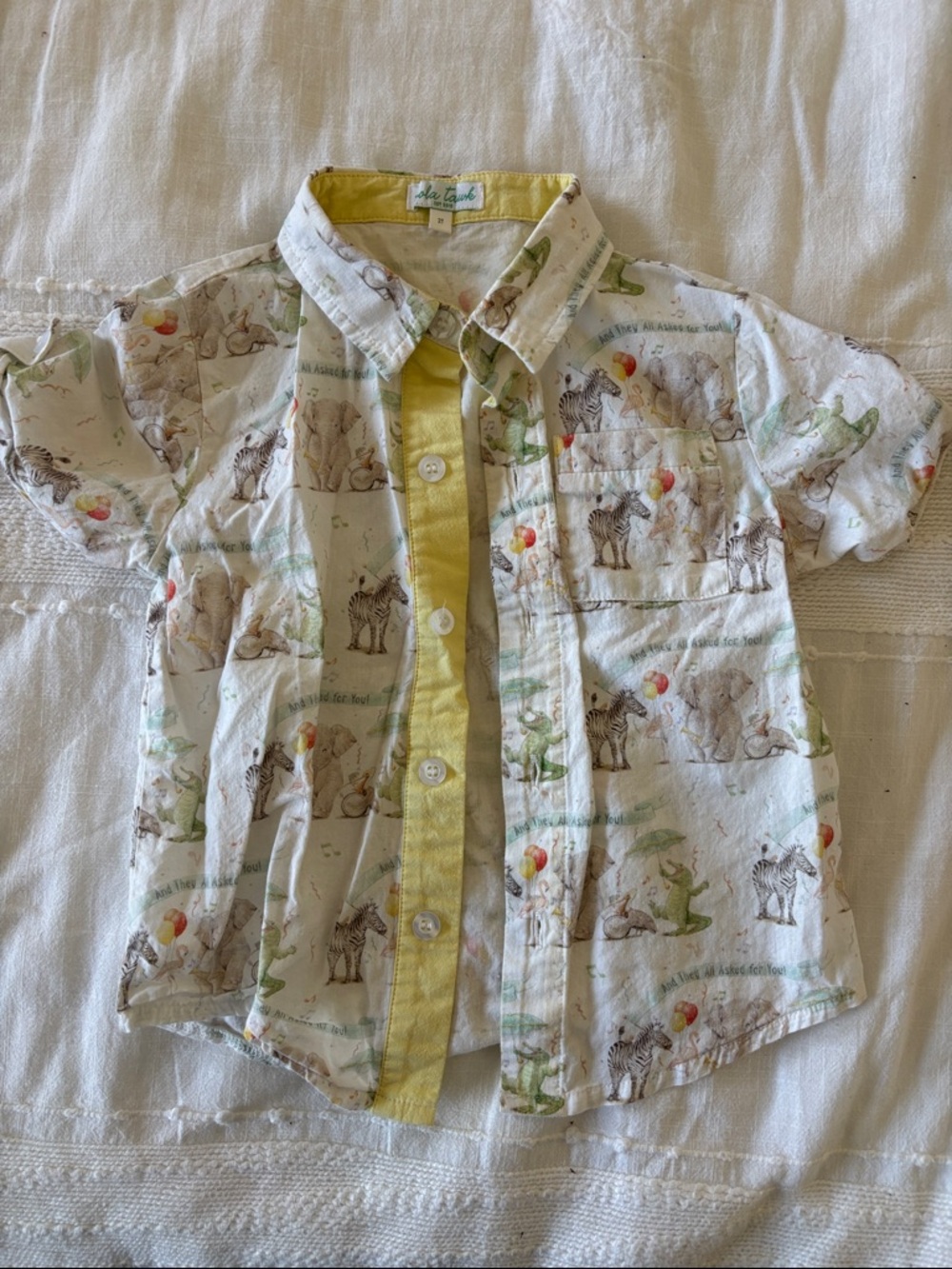 Children's Short-Sleeve Button-Down Shirt in White with Yellow Trim